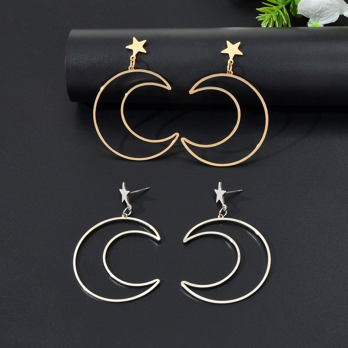 Hollow Out Large Moon Pendant Earrings Celestial Statement Jewelry Holiday Gift-0