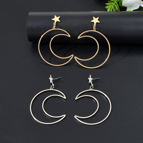 Hollow Out Large Moon Pendant Earrings Celestial Statement Jewelry Holiday Gift-0