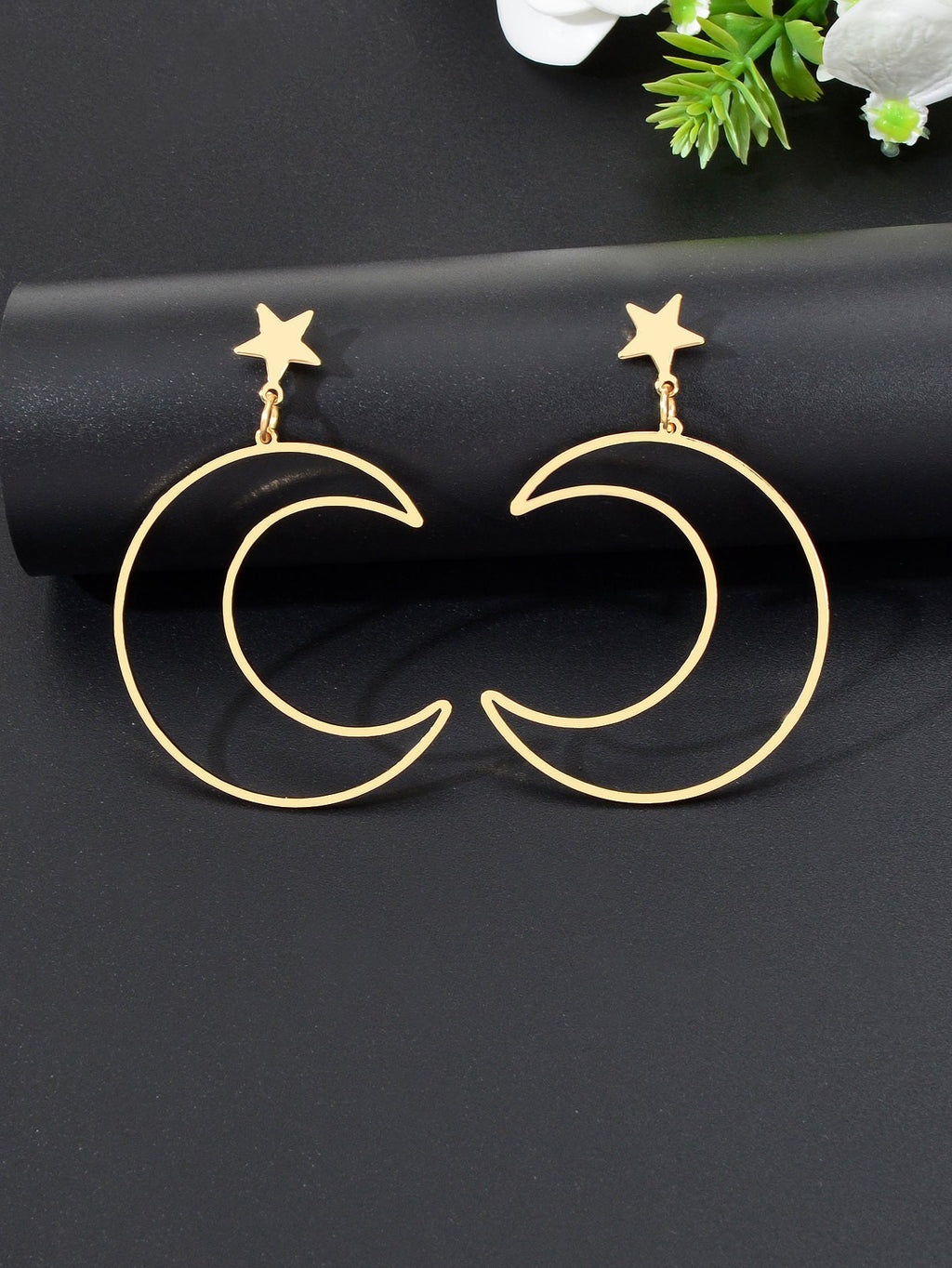 Hollow Out Large Moon Pendant Earrings Celestial Statement Jewelry Holiday Gift-1