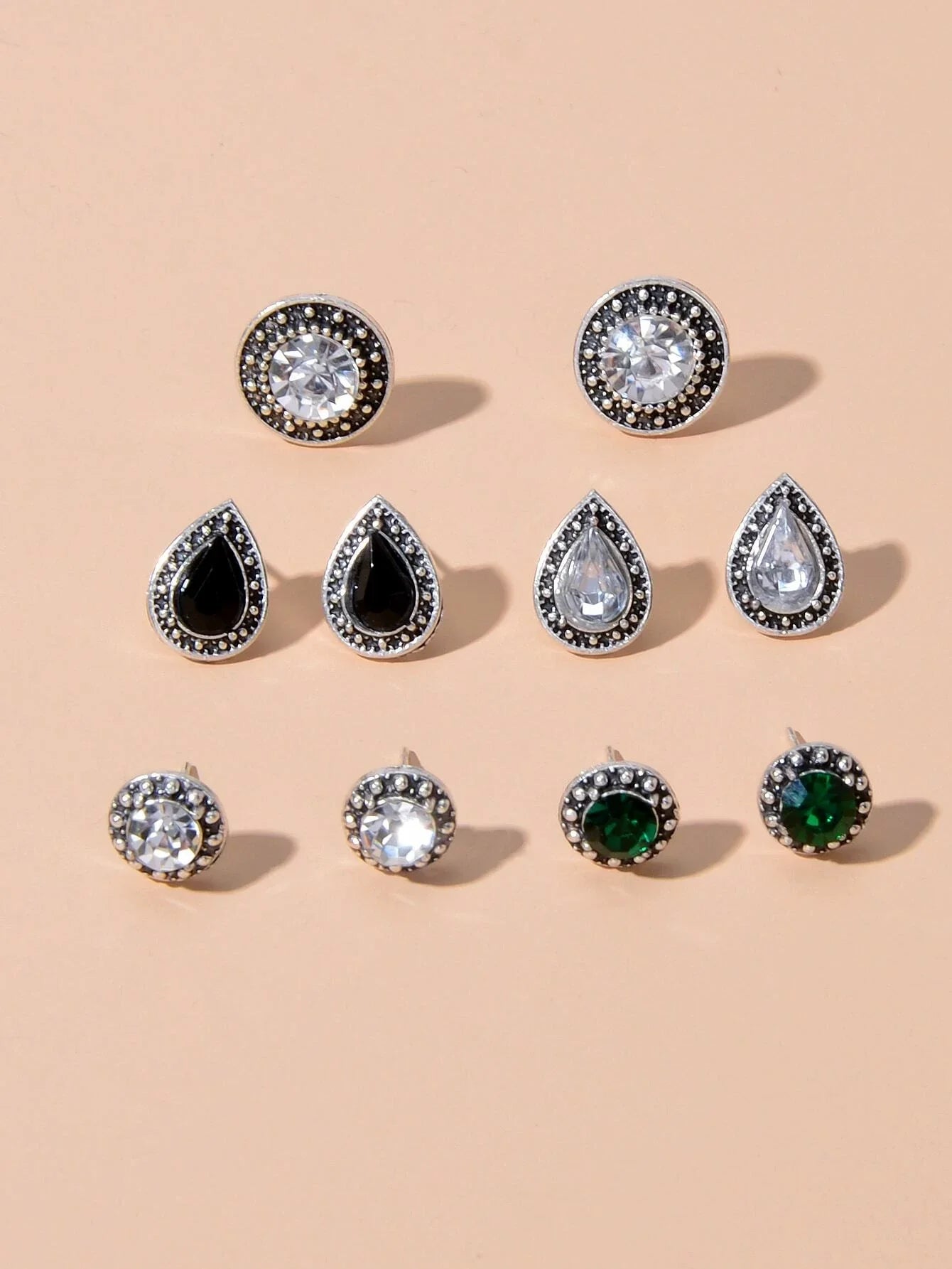 5 pairs Vintage Jewellery Shining Rhinestone Round Water Drop Stud Earrings Set-1