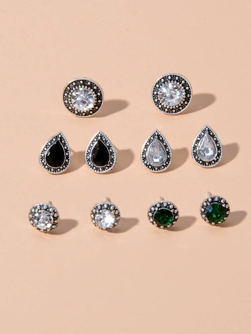 5 pairs Vintage Jewellery Shining Rhinestone Round Water Drop Stud Earrings Set-1