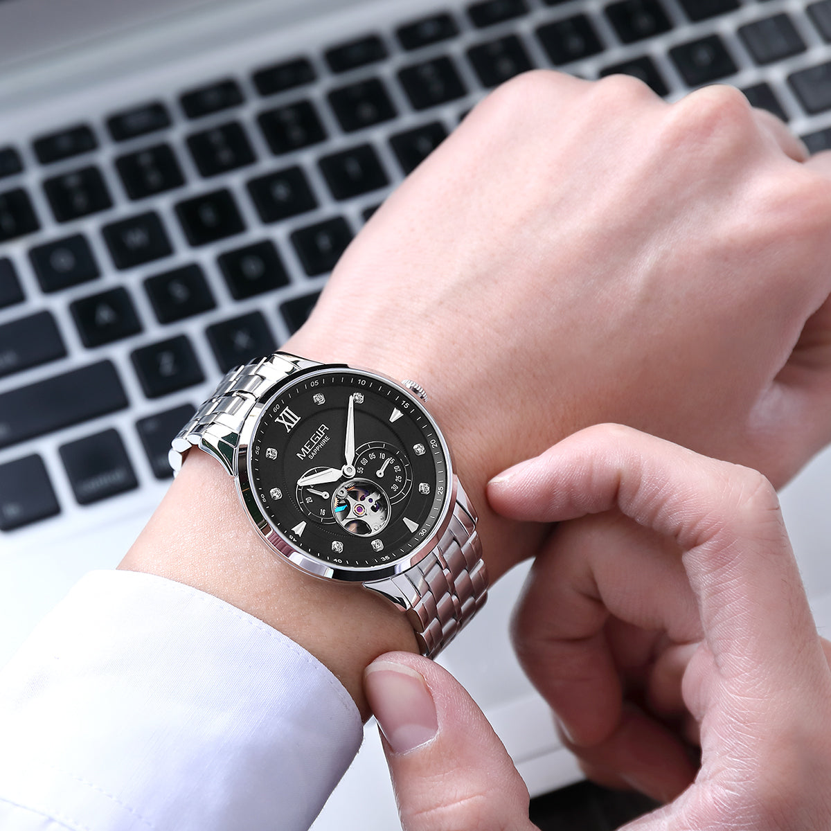 MEGIR Luxury Men Watches Stainless Steel Automatic Mechanical Watch Sapphire Steel Case Business WristWatch Montre Homme