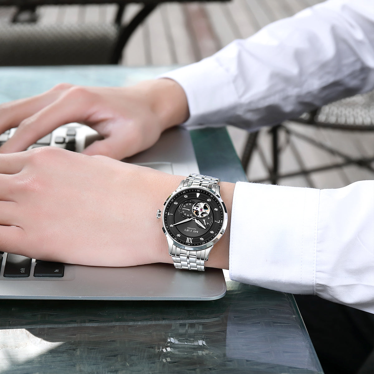 MEGIR Luxury Men Watches Stainless Steel Automatic Mechanical Watch Sapphire Steel Case Business WristWatch Montre Homme