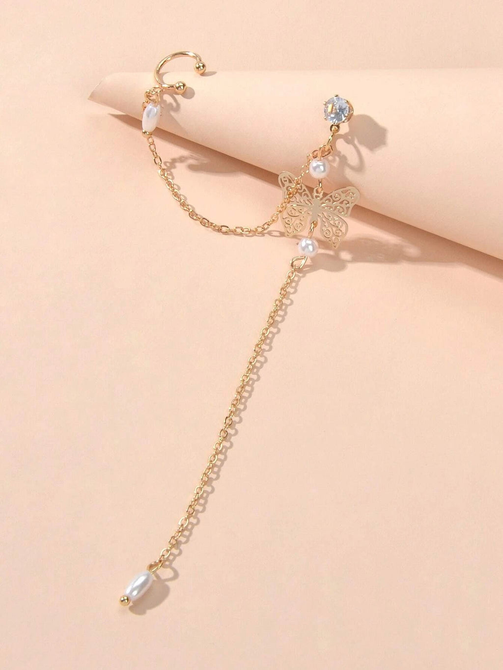1pc Crystal Pearl Butterfly Long Chain Cartilage Stud Earring Stunning Ear Cuff-3
