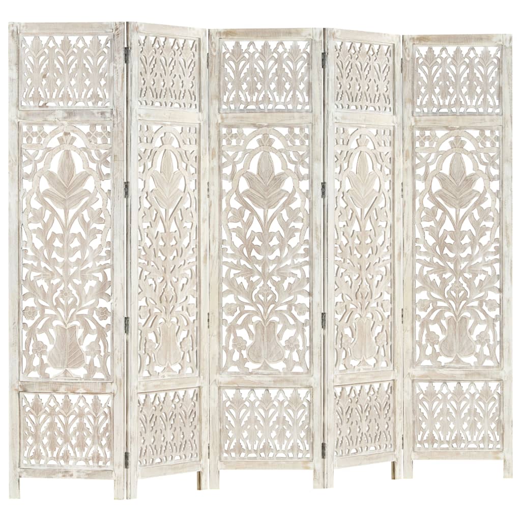 NNEVL Hand carved 5-Panel Room Divider White 200x165 cm Solid Mango Wood