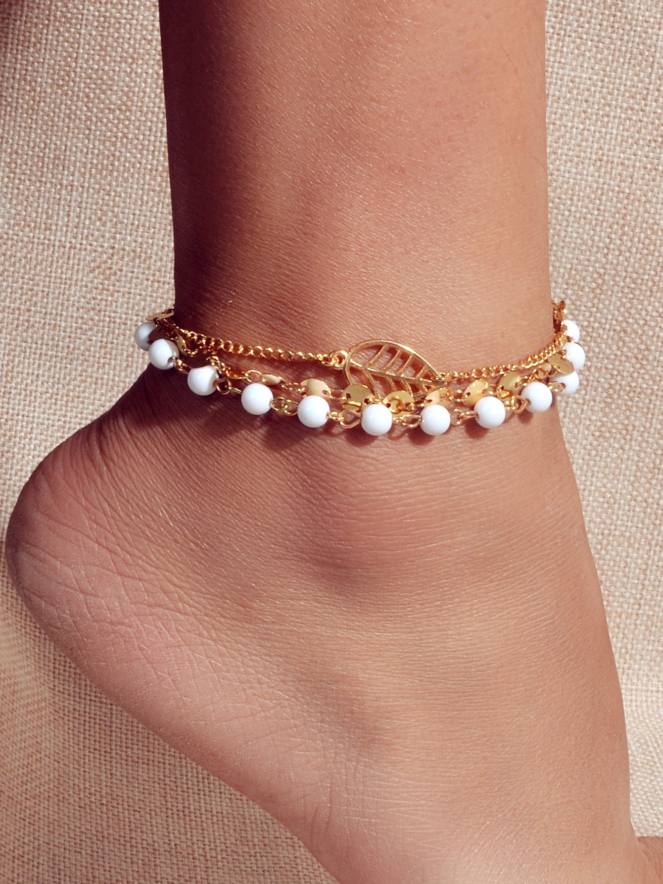 1 pc Foot Beach Jewellery Gold Silver Multi-layer Chain White Beads Leaf Anklet