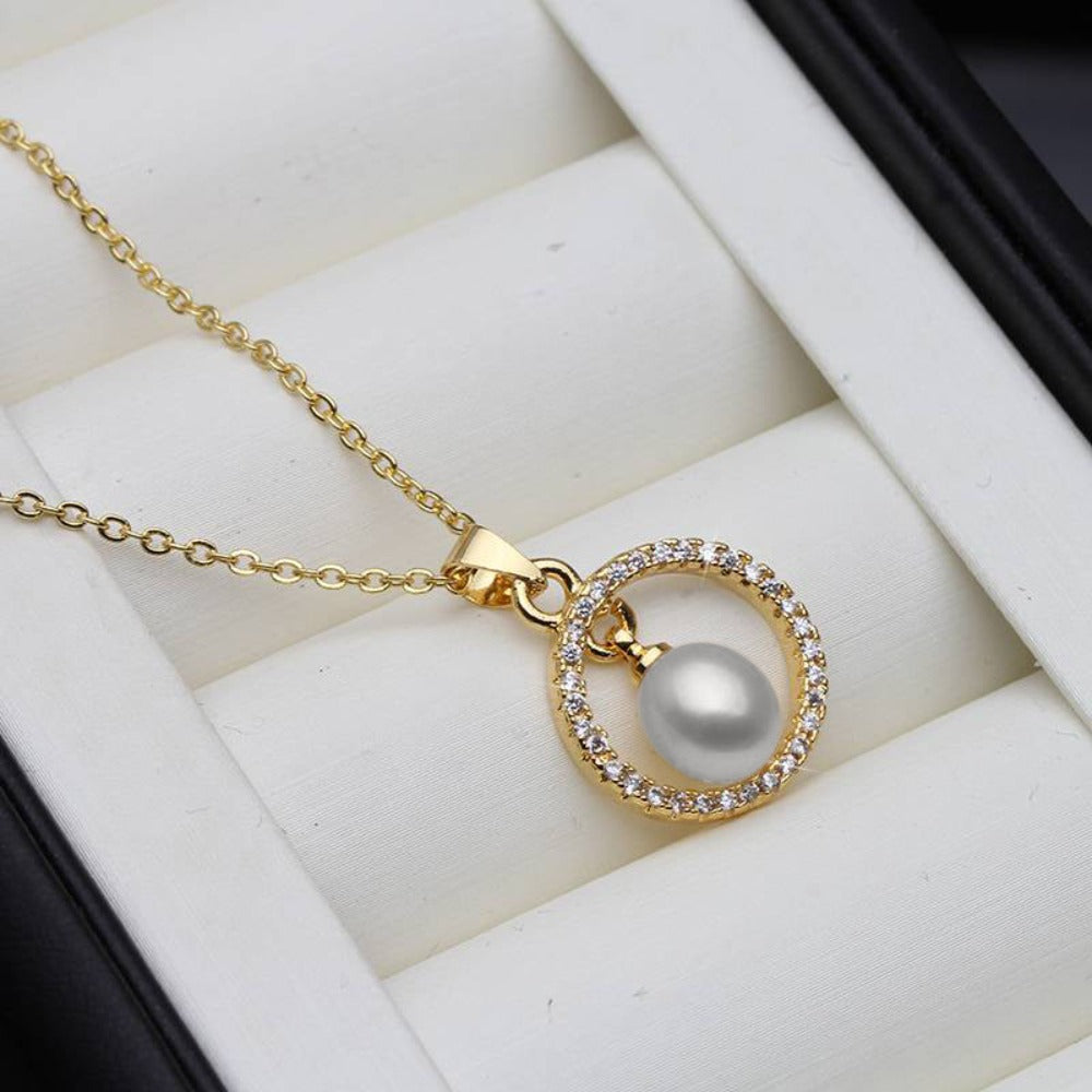 Genuine Freshwater Pearl & Simulated Diamond Eternity Necklace in Gold-4
