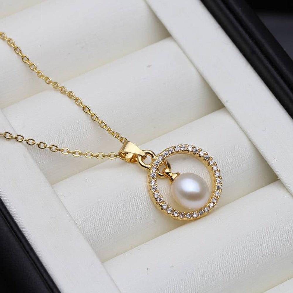 Genuine Freshwater Pearl & Simulated Diamond Eternity Necklace in Gold-0