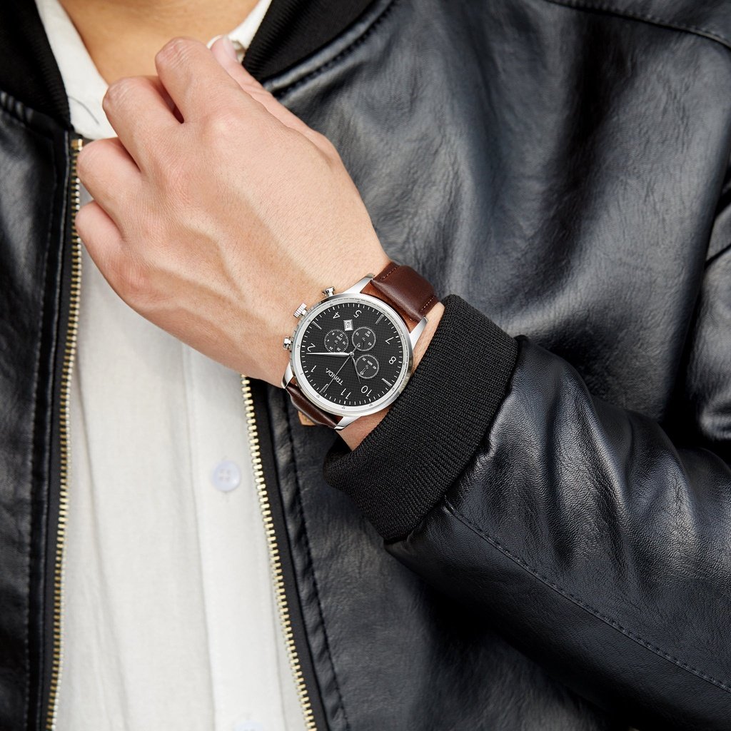 Trnda Men's Stainless Steel Watch, Brown Leather Band | Tm12345-1