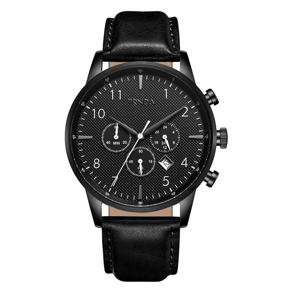 Trnda Men's Stainless Steel Watch, Black Leather Band | Trn-43blk-0