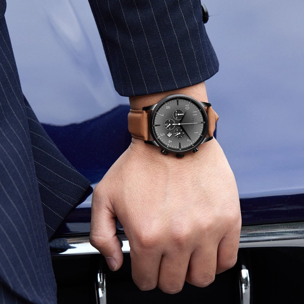 Trnda Men's Stainless Steel Watch, Black & Tan | Trnda-43mm-1