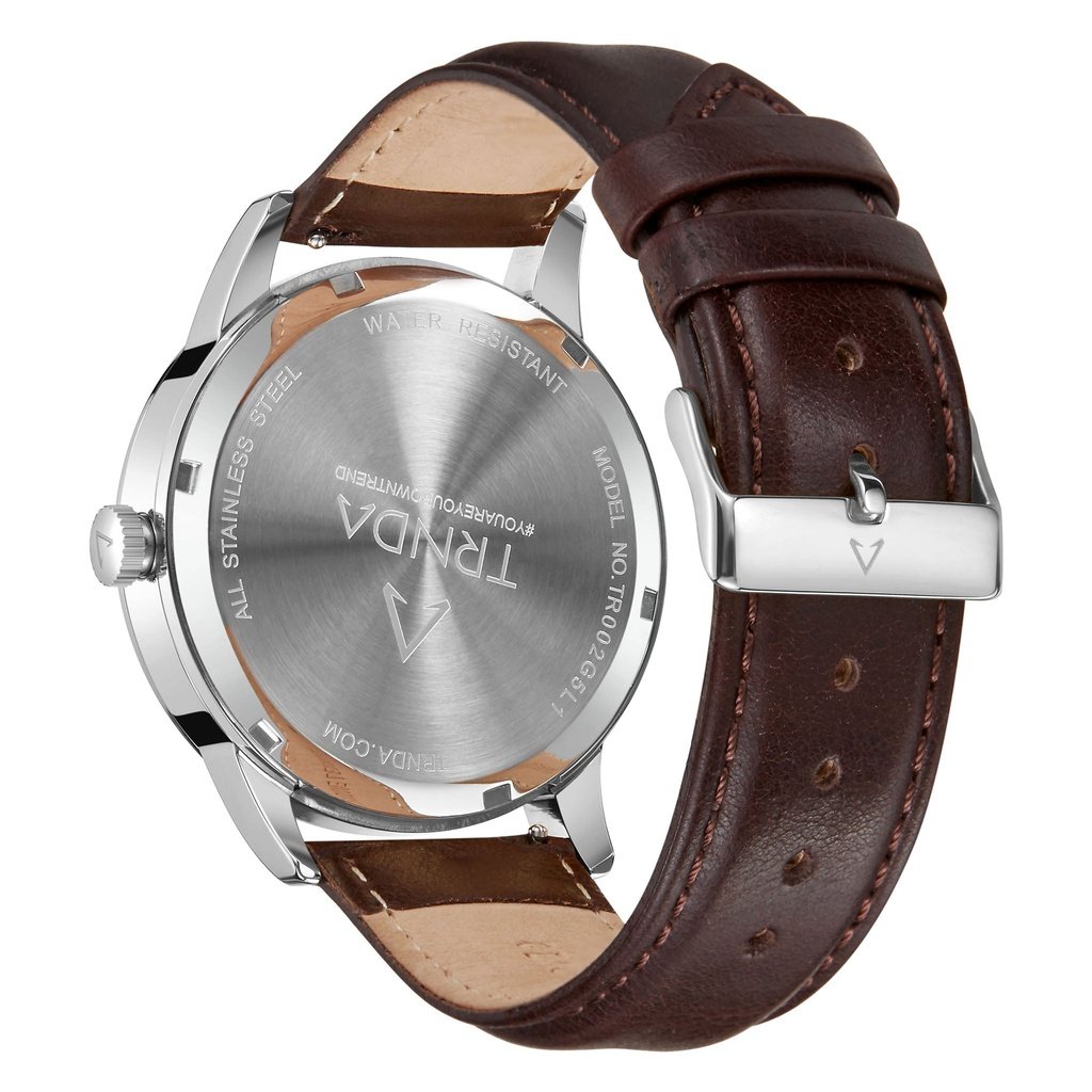 Trnda Men's Stainless Steel Watch, Brown Leather Band | Trnda-M43b-3