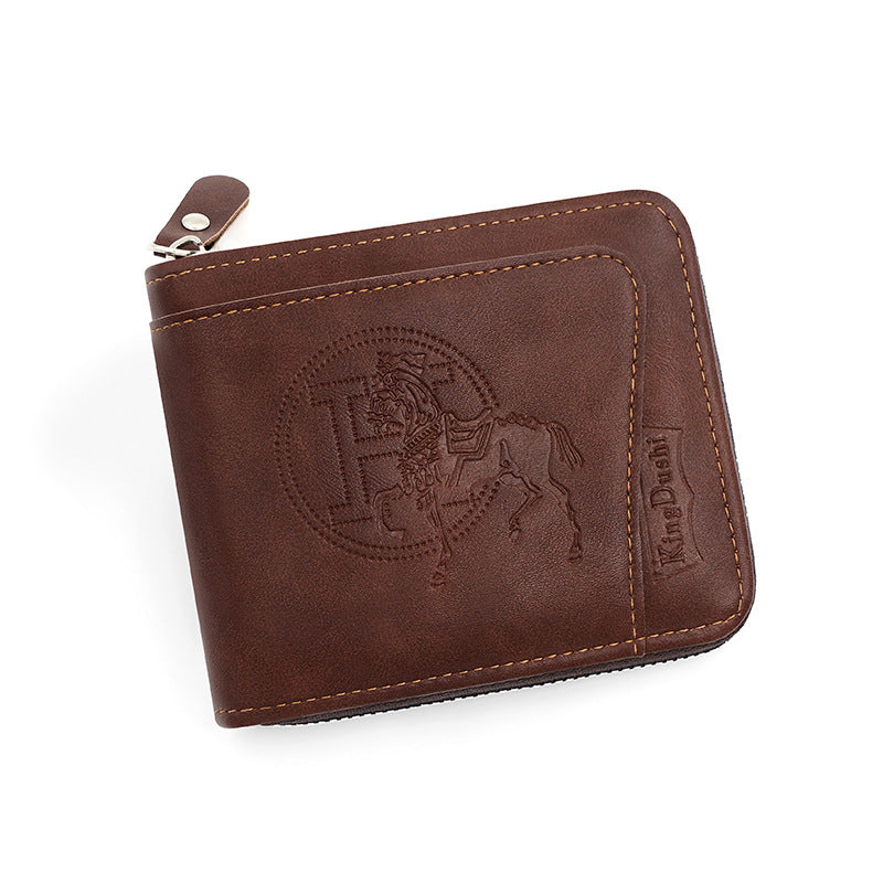 NNEDSZ Dark Brown Men's Leather Wallet with Zipper and Horse Embossed Design -  Compact and Stylish-0