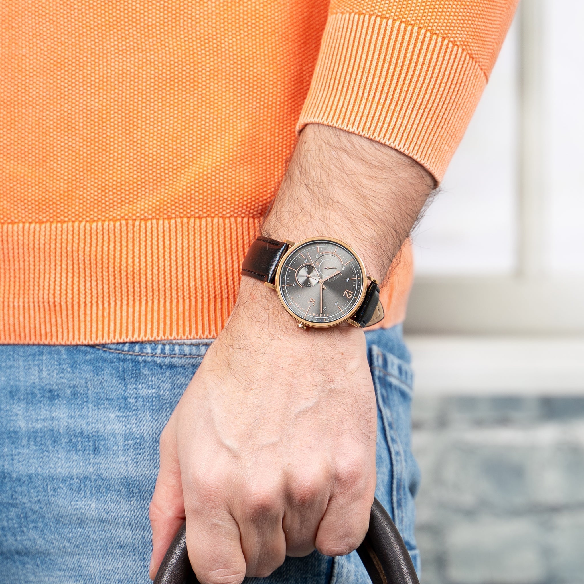 Pierre Cardin Men's Black Leather Watch, Rose Gold Case | Cbn.3023-4