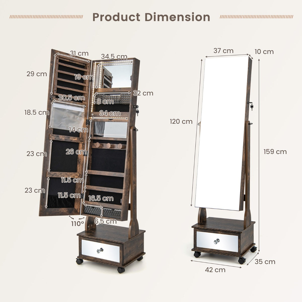 NNECW 159 CM Lockable Jewelry Organizer with 3-Color LED Lights-Brown-3